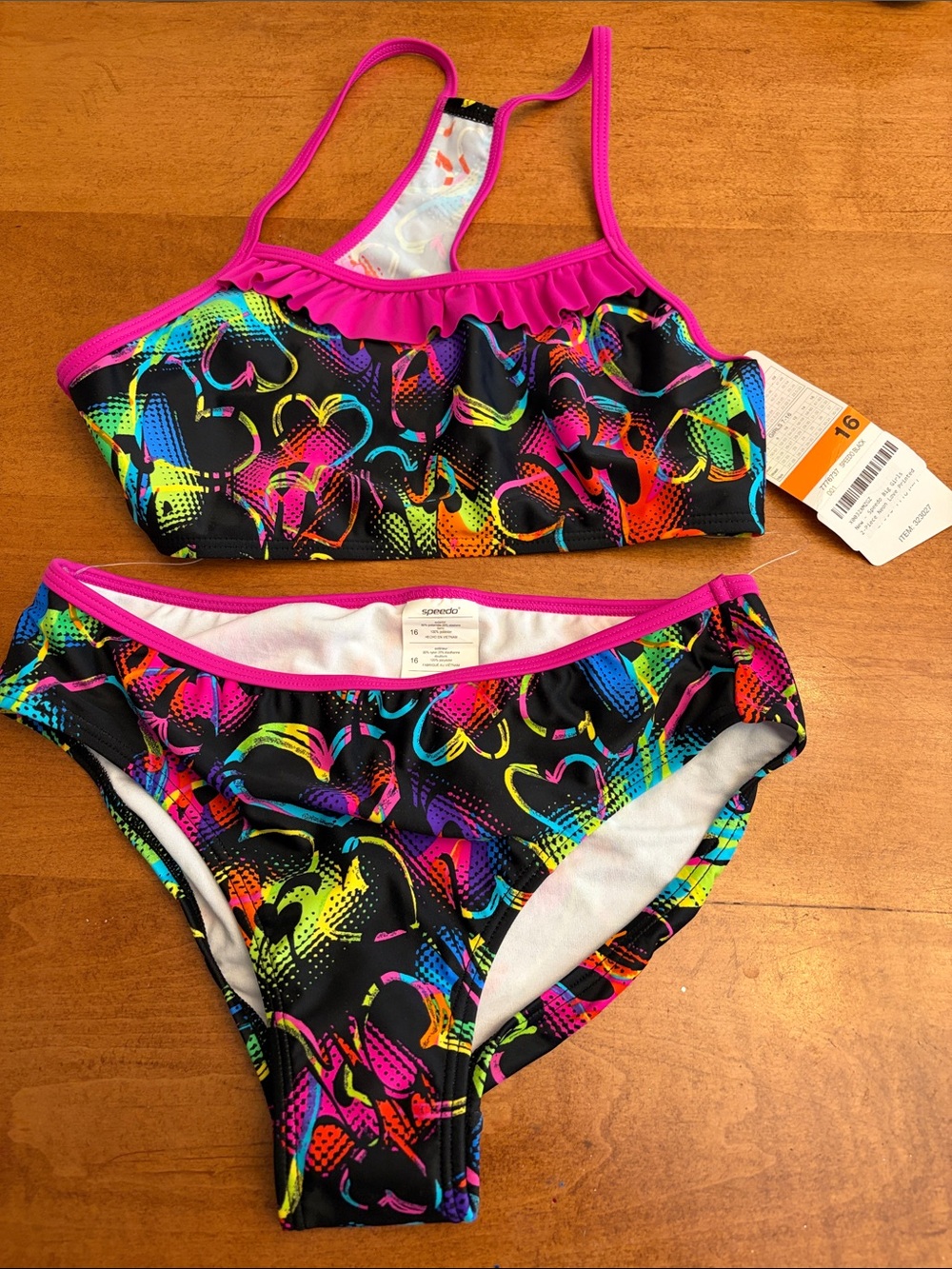 Speedo Black Neon Heart Love Print Two-Piece Bikini with Pink Trim Size: 16